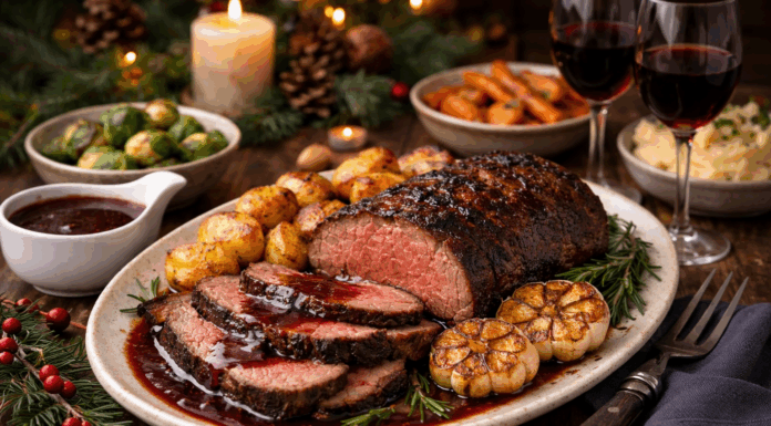 Recept: Praznična goveja pečenka z rdečim vinom, rožmarinom in česnom